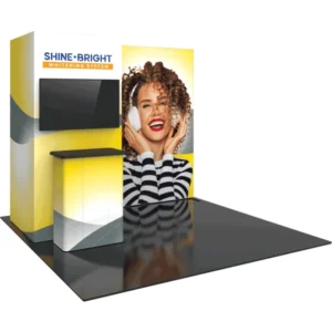 Hybrid Pro™ Modular Kit 24 is a stylish and functional modular exhibit that offers a locked storage closet, ample real estate for branding, as well a display counter and multi-media display. This exhibit kit has it all! Push-fit SEG fabric graphics are coupled with extrusion frames for a seamless, sleek look.