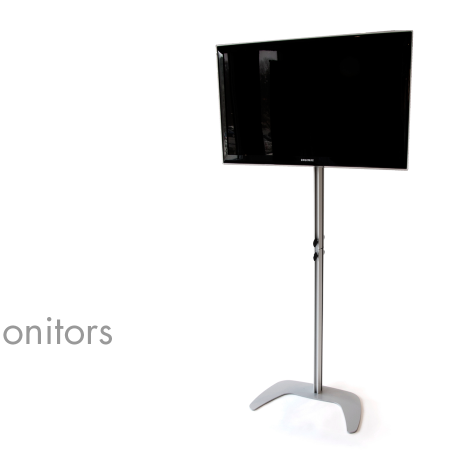  The PTS Monitor Mount stand fits perfectly as an integrated flat screen monitor holder for your back wall or table top Pop-Up. Or simply use it as traditional flat screen floor monitor stand.  The Monitor Mount can be adjusted to a height of 70" and the pole is divisible for optimized handling, transportation and storage.  Holds a 30" minimum to 42" maximum monitor size.  Specs:
• Weight maximum is 60lbs
• Holds up to a 42" maximum monitor size or 60lbs.
• Max Dimension: 70.875"h 25"w x 14.75"d
• Weight: 25 lbs
• Material: Aluminum